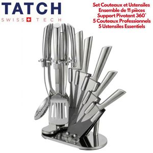 TATCH Set de Couteaux et Ustensiles de Cuisine 11 Pièces en Acier Inoxydable – Bloc avec Support Pivotant 360°, 5 Couteaux Professionnels, Ustensiles Essentiels, Design Élégant Argent