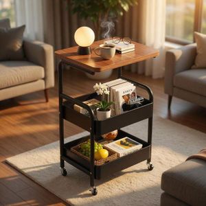 Table de Chevet à Roulettes Multifonctionnelle – Desserte de Rangement à 3 Niveaux avec Plateau en Bois de Noyer et Cadre en Métal – Idéale pour Salon, Chambre et Bureau.