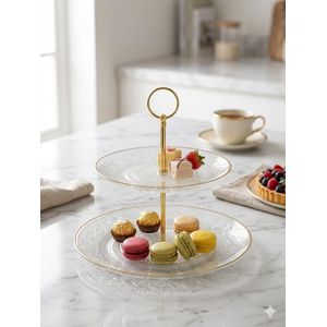Présentoir à Gâteaux -Serviteur-de Luxe en Verre cristallin - 2 Étages - Dimensions 28 cm x 26 cm - Design Royal pour Réceptions