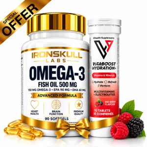 IronSkull Pack Omega-3 Fish Oil 500 mg – 90 Capsules – EPA DHA + Vitamins & Minerals Redberry 10 Tabs