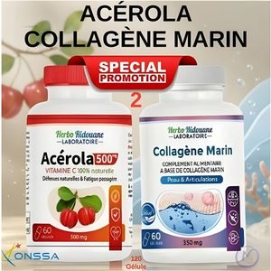 Herbo Ridouane 500 ملغ أيسرولا ~ 350 ملغ كولاجين بحري ~ مكملات غذائية من ناتشورتيشن، فيتامين سي وأيسرولا - أقصى امتصاص وتوافر حيوي - مكمل غذائي للتخفيف من الإرهاق ودعم جهاز المناعة.