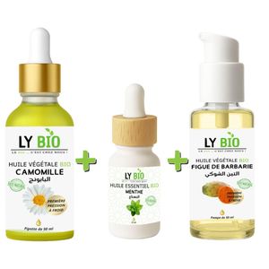 LY BIO PACK HUILE CAMOMILLE 50ML - PIPETTE + HUILE ESSENTIEL MENTHE 10ML + HUILE FIGUE DE BARBARIE 50ML - POMPE