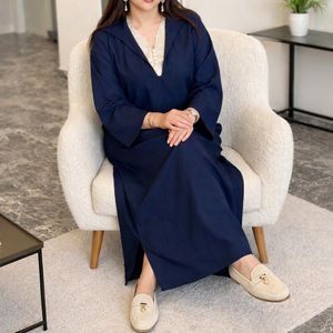 Jellaba Robe en lin Longue Femme à Capuche Bleu et blanc – Coupe Ample et Fluide – Manches Longues Bouffantes – Tissu Léger et Confortable