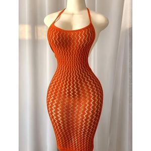 Robe Courte Filet Transparente Dos Nu Orange - Cache-Maillot Sexy Style Plage & Été