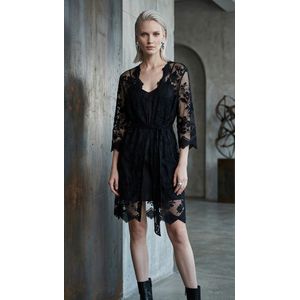 Kimono mi-Long en Dentelle Noir Motifs Floraux transparent Cardigan Sheer chic Chemise