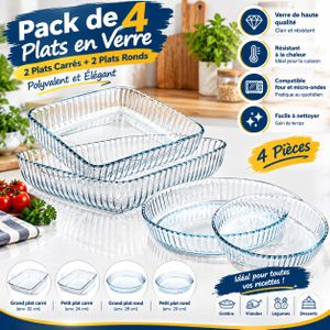 Pack de 4 Plats en Verre – 2 Plats Carrés et 2 Plats Ronds de Tailles Différentes – Résistants et Polyvalents pour Cuisine