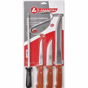 Lamacom Pack de 5 Couteaux Mabrouka Inox - Ensemble Professionnel avec Fusil à Aiguiser et Crochet