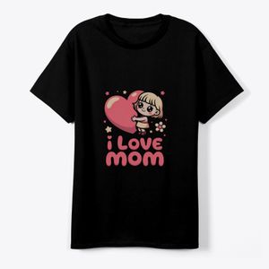 None T-shirt noir fille personnalisé I Love Mom  coton premium doux – coupe confortable – style mignon enfant – tailles 4 à 18