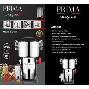 Prima Moulin à épices broyeur professionnel Haute vitesse multifonctions broyeur d'herbe Électrique 500G en acier inoxydable à 3 lames moteur 100% cuivre très puissant 1800W