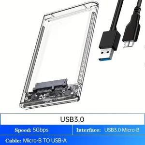 Boîtier d'interface pour disque dur mobile, 6,35 cm USB 3.0 USB 3.1, boîtier transparent pour disque dur, lecteur externe pour ordinateur de bureau et portable, SATA, mécanique, SSD, étui de protection, vitesse de transfert 5 Gbps, supporte HDD de 4 To, 