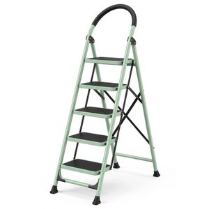 Home Escabeau Pliant 5 Marches en Métal - Design Moderne - Sécurité Antidérapante - Vert Menthe