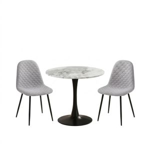 Dansmamaison.ma PACK IRIS – Table Ronde en Pierre Frittée Marbre & 2 Chaises Grises JULIA