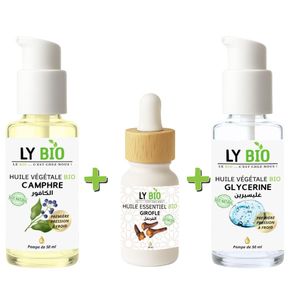 LY BIO PACK HUILE CAMPHREE 50ML - POMPE + HUILE ESSENTIEL GIROFLE 10ML + HUILE GLYCERINE 50ml - POMPE