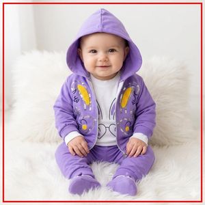 Ensemble Bébé Coquet 3 Pièces - Thème Lapin Violet et Blanc