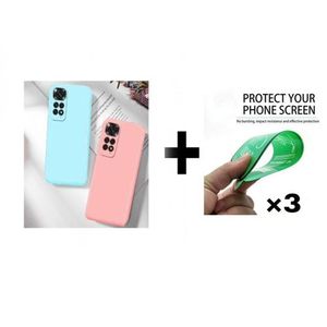 Case Pack : 2 pochette Xiaomi Poco M4 pro (4G) silicone Goma Rose et Bleu ciel + 3 ciramik