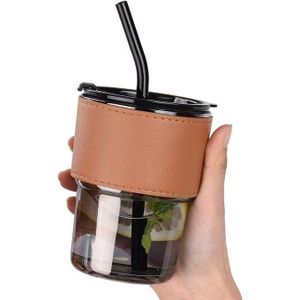 Tasse à café en verre avec couvercle, paille et manchon de protection en cuir,