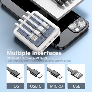 Batterie Externe Solaire Haute Capacité avec 4 Câbles Intégrés et Lampe LED Puissante – Chargeur Portable Tout-en-Un pour Extérieur