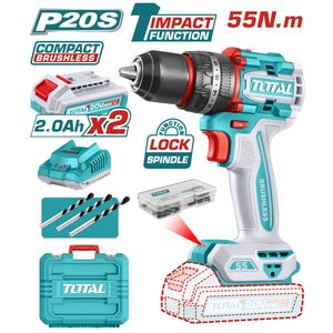 TOTAL Perceuse à Percussion Sans Fil Brushless 20V - TIDLI20558 - 55Nm - 2 Batteries 2.0Ah + 50 Accessoires
