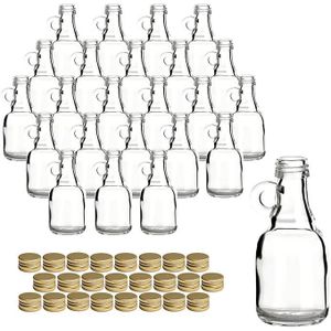 Lot de 24 petits pichets en verre - contenance de 40 ml avec couvercles à vis dorés - parfaits pour les mariages, les boissons alcoolisées, les cadeaux et la décoration.