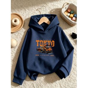 Sweat à capuche décontracté d'automne-hiver pour garçons, manches longues, imprimé carrosserie de course TOKYO à carreaux, tissu en polyester légèrement extensible, idéal pour le quotidien, le sport, les sorties dans la rue et parfaitement adaptable