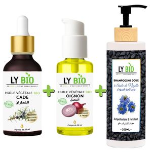 LY BIO PACK HUILE CADE 50ML - PIPETTE + HUILE OIGNON 50ML - POMPE + SHAMPOOING A L'HUILE DE NIGELLE 200ML