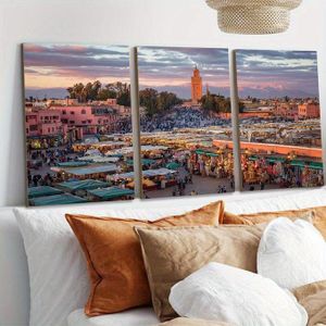 Tableau Place Jemaa El Fna Marrakech Minaret Koutoubia 3 Pièces Décor Marocain