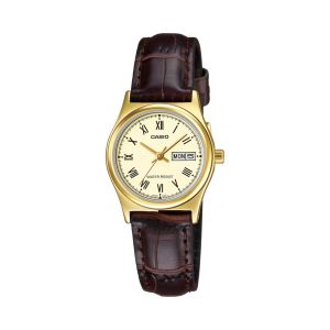 Casio Montre style classique avec dateur dore au bracelet cuir marron pour femmes - LTP-V006GL-9B
