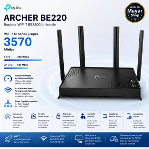 TP-Link Routeur Archer BE220 WiFi 7 BE3600 Bi-Bande AX Nouvelle Génération – Jusqu'à 3,6 Gbps, 4 Antennes Beamforming, 4 Ports LAN Gigabit + 1 Port WAN Gigabit, EasyMesh, HomeShield, VPN Client & Serveur, Compatible Tous FAI
