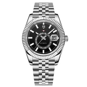 Montre Homme Automatique Mécanique PD-1888 Cadran Noir Double Fuseau Horaire GMT Lunette Cannelée Dateur Verre Saphir Acier 100m