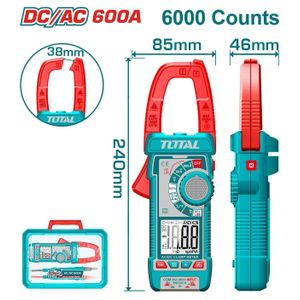 TOTAL Pince Ampèremétrique Numérique Professionnelle Courant Continu et Alternatif DC/AC – Multimètre TRUE RMS 6000 Points avec Mallette