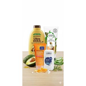 Garnier Fructis نيفيا ديرما كونترول ديفند + مقشر يومي كلين آند كلير مورنينغ إنرجي + كريم هيربال إيسنسز بايو:رينيو بالصبار وزيت الأفوكادو + شامبو ألترا دو بزيت الأفوكادو وزبدة الشيا