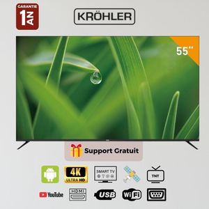 KRÖHLER Téléviseur Smart TV LED 55 Pouces Borderless - 4K UHD - Android avec Récepteur & TNT Intégrés