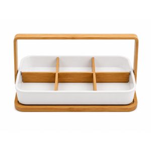 AFOS Organisateur de Cuisine en Bambou avec Bac EN PORCELAINE  Blanc – 6 Compartiments