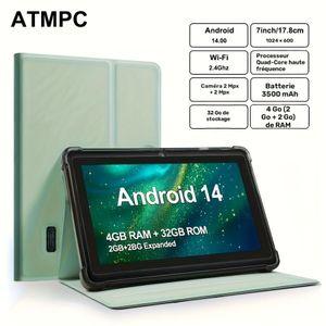 ATMPC Tablette 7 Pouces Android 14, WiFi, 4GB RAM, 32GB ROM, pochette gratuite