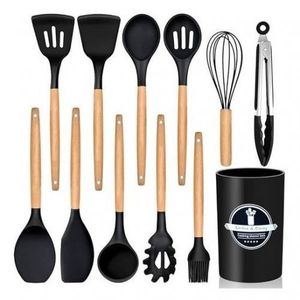 Ensemble Silicone 12 Pièces Avec Manche en Bois Ustensile de cuisine en Silicone + Support, Spatules antiadhésives