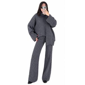Ensemble Femme 3 Pièces en Maille Tricotée Gris – Pull à Manches Longues, Pantalon Large et Châle Assorti 