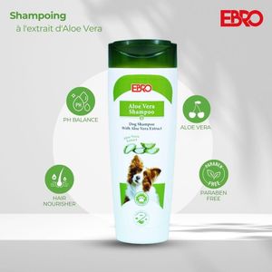 Ebro Shampoing premium pour Chien – Aux extraits de Aloe vera – Ravive l'éclat du pelage et protège du jaunissement – pH neutre & sans parabens –200 ml