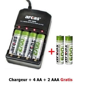 Arcas Chargeur de Piles-Batteries AA / AAA +4 Piles Rechargeables AA Ni-MH  2700 MAh à prix pas cher