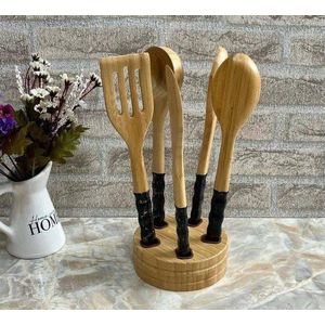Ensemble de 4 ustensiles de cuisine en bois avec support – cuillères écologiques au design élégant pour un usage quotidien