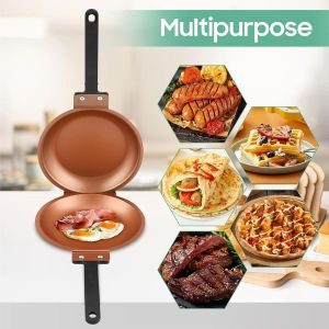 Poêle Double Face Anti-Adhésive pour Pancake et Omelette - Poêle Réversible en Céramique Cuivre pour Crêpes, Tortillas et Œufs, Cuisson Saine Sans Huile, Poêle Basculante avec Poignée Thermique pour Cuisinière à Gaz et Électrique