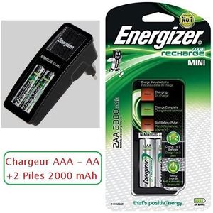Energizer جوج حجرات روشرجابل + شارجور Chargeur de Batteries AA AAA, Livré avec 2 Piles Rechargeables AA Ni-MH 2000 MAh
