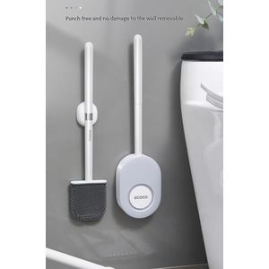 Brosse de toilette en silicone avec support, support mural pratique, sans perçage de vis, montage mural facile à nettoyer, brosse de cuvette de toilette pour salle de bain, manche long en plastique – Gris
