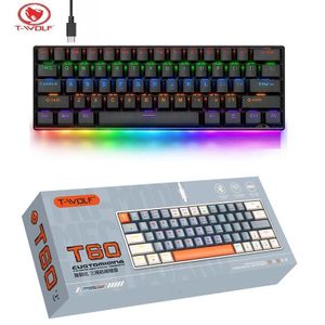 T-Wolf Clavier Filaire Type-C Mecanique Compact T60 Noir RGB 61 Touches Hot-Swap, Rétroéclairage LED Multicolore Gaming