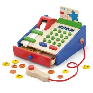 Caisse Enregistreuse Jouet en Bois - Jeu d'Imitation Éducatif avec Monnaie et Carte - Multicolore pour Enfants 3 Ans et Plus