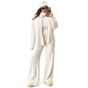Ensemble Femme 3 Pièces en Maille Tricotée Écru – Pull à Manches Longues, Pantalon Large et Châle Assorti 