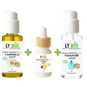 LY BIO PACK HUILE CAMOMILLE 50ML - POMPE + HUILE ESSENTIEL CITRON 10ML + HUILE PARAFFINE 50ML - POMPE