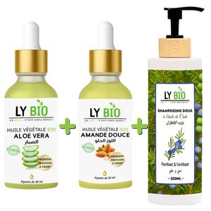 LY BIO PACK HUILE ALOE VERA 50ml - PIPETTE + HUILE AMANDE DOUCE 50ML - PIPETTE + SHAMPOOING A L'HUILE DE CADE 200ML