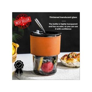 Tasse en Verre Transparent avec Couvercle Bambou et Paille – Gobelet Portable pour Eau, Lait, Jus et Café