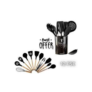 Ensemble d'Ustensiles de Cuisine en Silicone Noir avec Manche en Bois – 12Pièces
