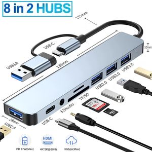 Hub USB 3.0/Type-C 8 en 2 en Aluminium, Multi-Port ,lecteur de carte répartiteur SD/TF, Station d'accueil 